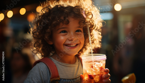Smiling child enjoys cheerful summer party  holding drink  looking at camera generated by AI