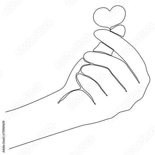 One line drawing of a hand making a heart sign or symbol with a finger. Beautiful hands with copy space. Love concept with hand gesture. Modern continuous line design graphic vector illustration