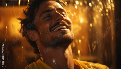 A joyful man enjoys the nightlife, smiling under the rain generated by AI