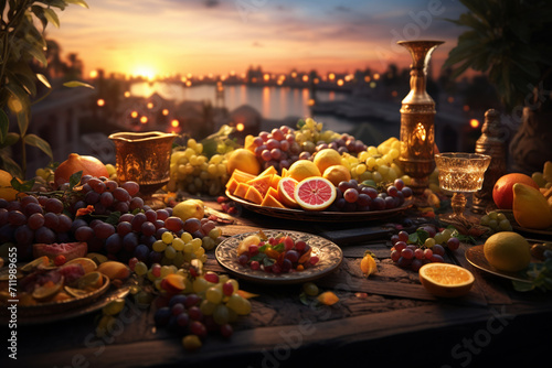 Ramadan Kareem Iftar concept Fruits on wooden table with sunset sky background. food concept.