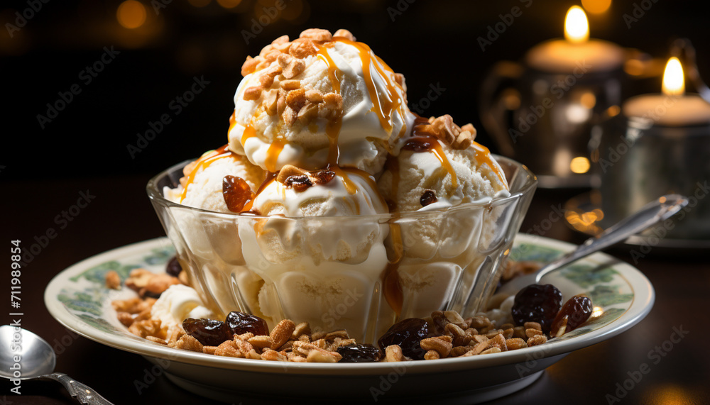 Fresh homemade ice cream sundae on a wooden table generated by AI Fresh homemade ice cream sundae on a wooden table generated by AI