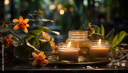 Burning candle illuminates nature freshness, spirituality, and tranquility indoors generated by AI