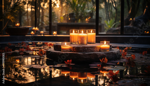 Glowing flame illuminates tranquil scene, symbolizing spirituality and relaxation generated by AI © Jemastock