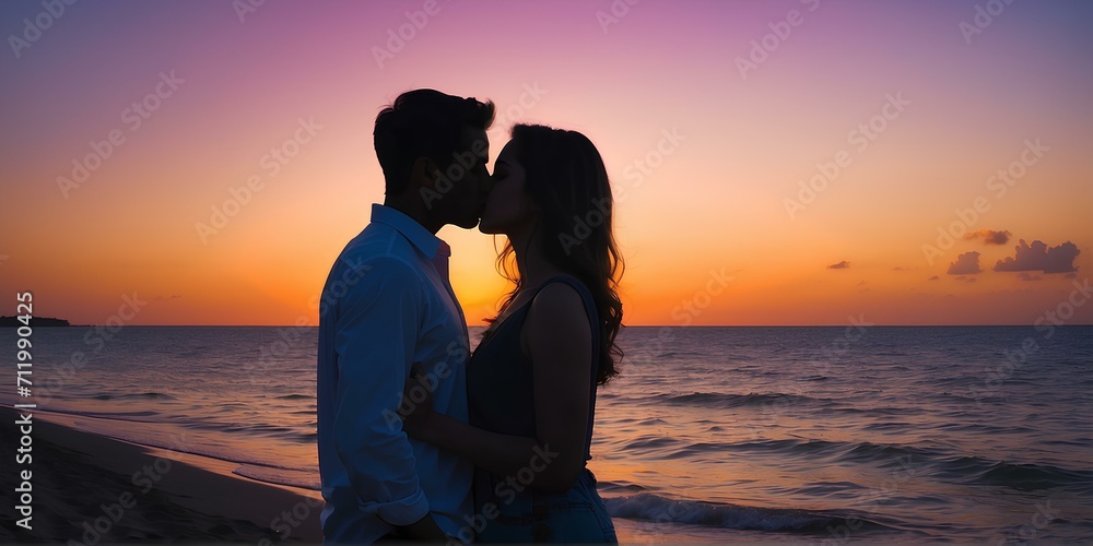 Romance in the evening glow: Silhouetted couple kissing under a vibrant sunset.