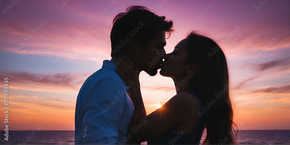 Love's silhouette: Couple shares a kiss framed by a stunning sunset backdrop.