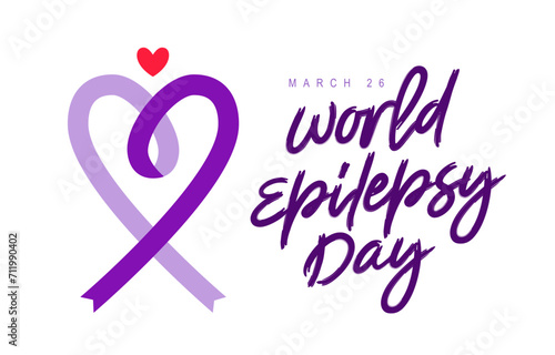 Purple ribbon in the form of a sweet heart. A postcard for World Epilepsy Day, March 26. Brain disease.