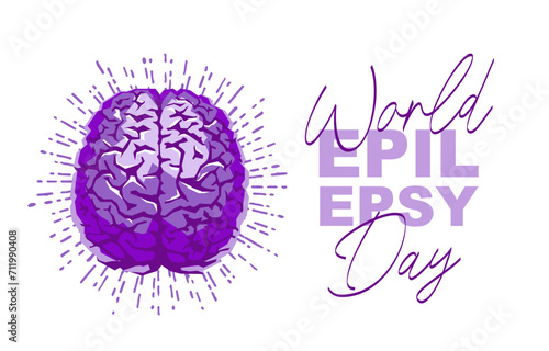 Calligraphy is World Epilepsy Day. A sparkling purple brain. Chronic brain disease.