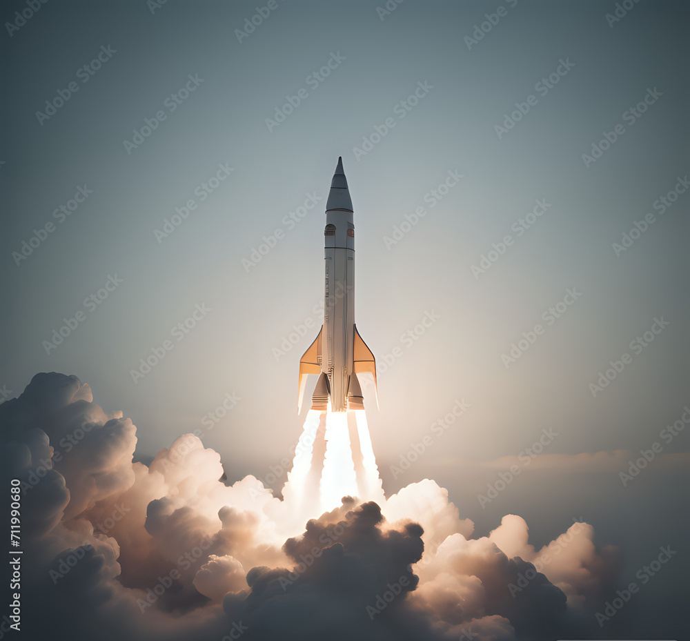 Rocket launch. Background with selective focus and copy space. 3D Rendering Rocket Space Launching Illustration, International Day for Human Space Flight concept. generative Ai - obrazy, fototapety, plakaty 