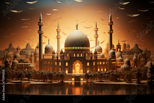 Ramadan Kareem background with mosque and sunset.3D rendering