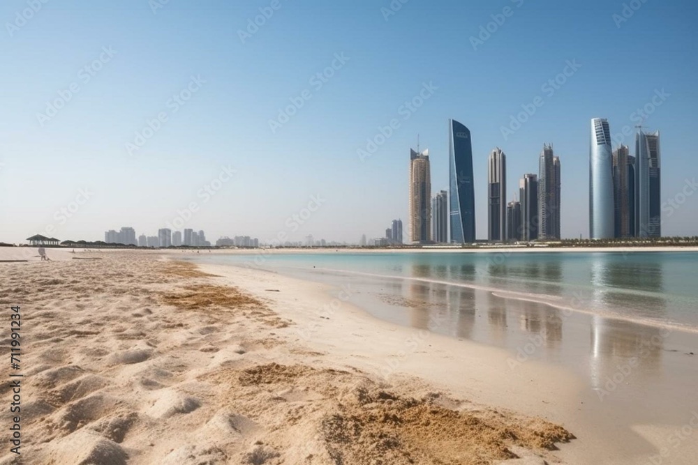 Beautiful Abu Dhabi skyline with sandy shores reaching the horizon, a striking contrast between natural coastline and man-made city. Generative AI