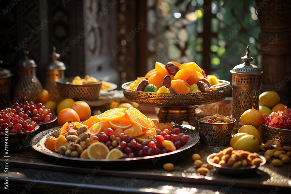 Still life with fruits on the table in the light of the setting sun