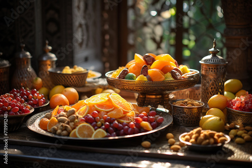 Still life with fruits on the table in the light of the setting sun