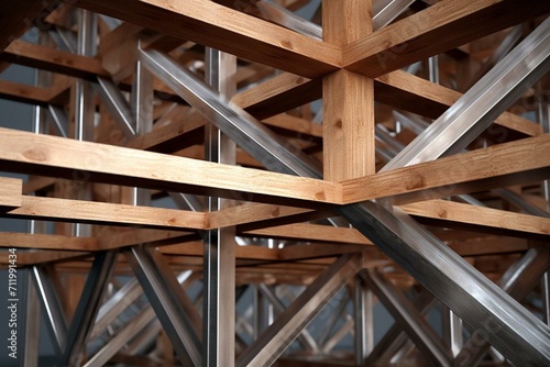 3D rendering of timber board supported by metallic framework. Generative AI