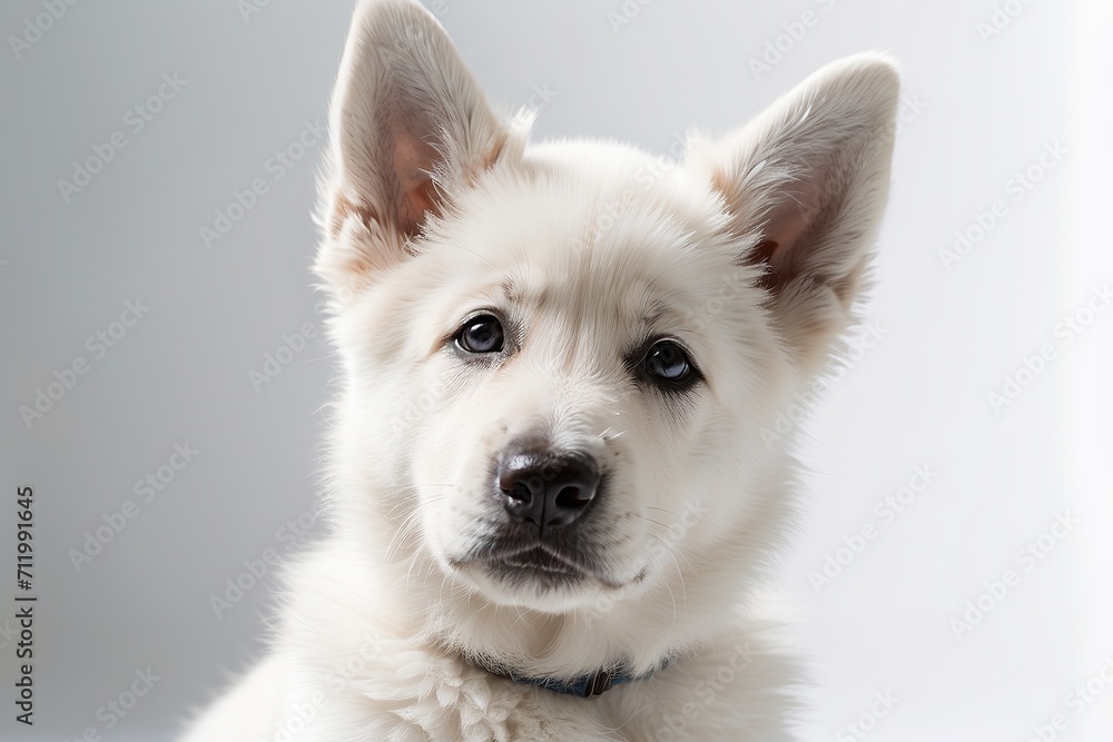 Rostro de perro pastor alemán color blanco sobre fondo blanco