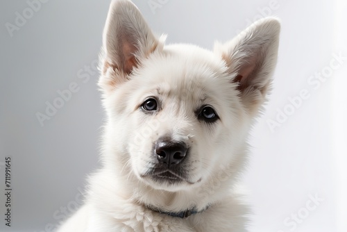 Rostro de perro pastor alemán color blanco sobre fondo blanco