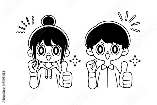 若い男女　いいねのポーズ　白黒