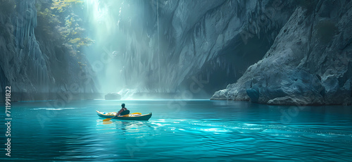 man kayaking and rafting in a blue lake