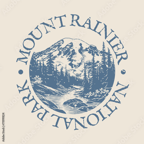 Mount Rainier, Washington Illustration Clip Art Design Shape. National Park Vintage Icon Vector Stamp.