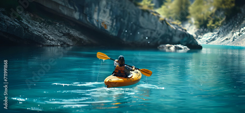 man kayaking and rafting in a blue lake © Sticker Me