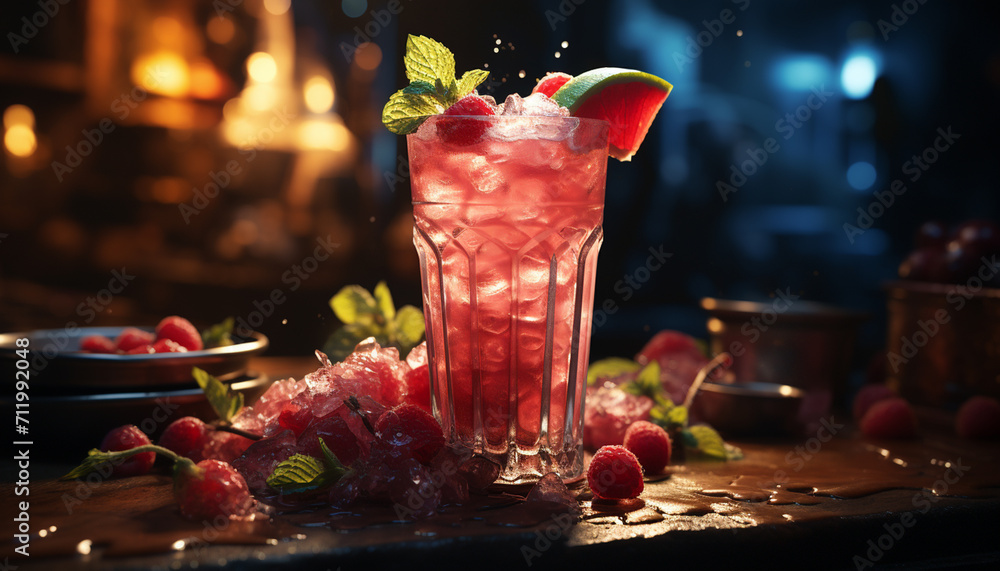 Fresh raspberry cocktail on wooden table, a summer night delight generated by AI - obrazy, fototapety, plakaty 