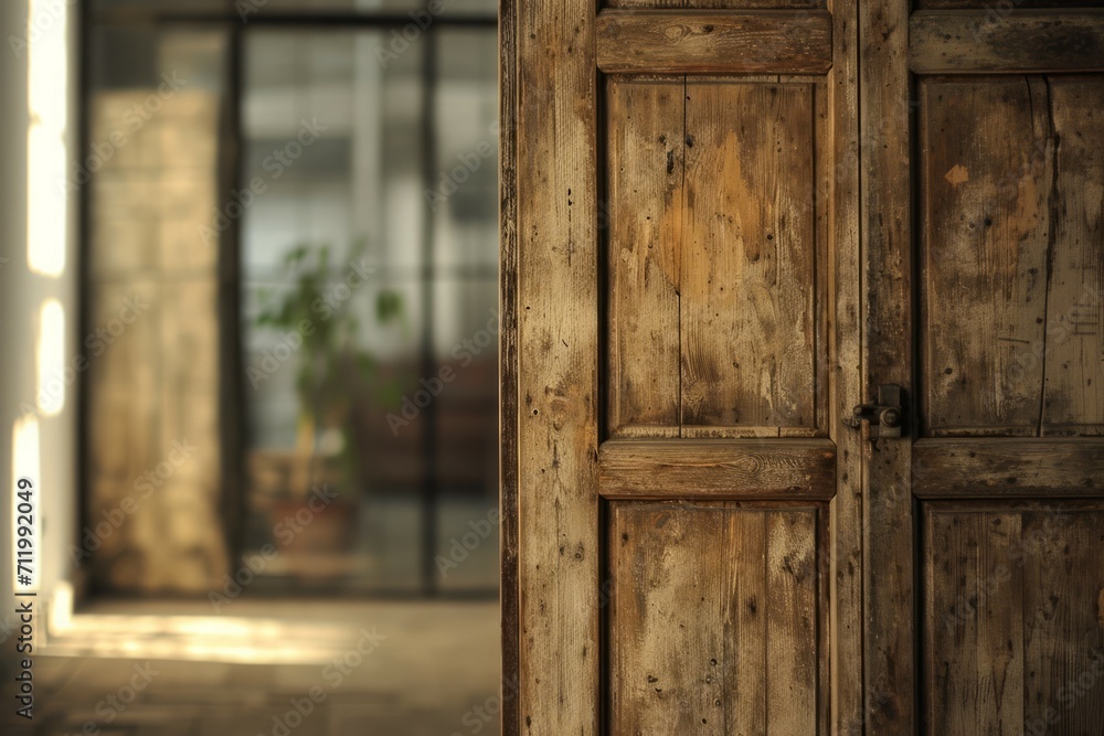 Weathered wooden door with aged texture, bathed in soft natural daylight. The room beyond holds a hint of mystery, inviting imagination, the vintage touch adds timeless appeal. Weathered wooden door with aged texture, bathed in soft natural daylight. The room beyond holds a hint of mystery, inviting imagination, the vintage touch adds timeless appeal.