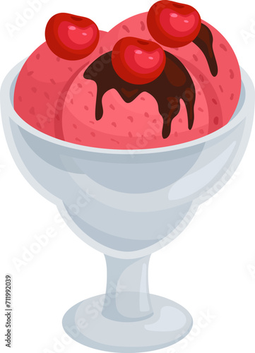 Sundae with pink ice cream, chocolate syrup, cherries in glass bowl. Delicious dessert, sweet treat vector illustration.