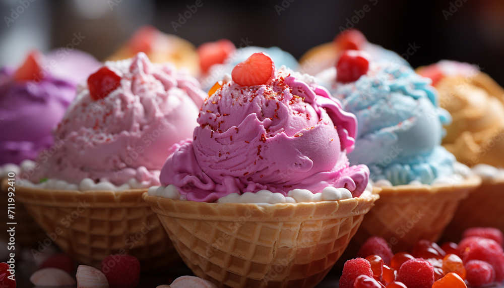 Fresh raspberry ice cream on wooden plate generated by AI Fresh raspberry ice cream on wooden plate generated by AI