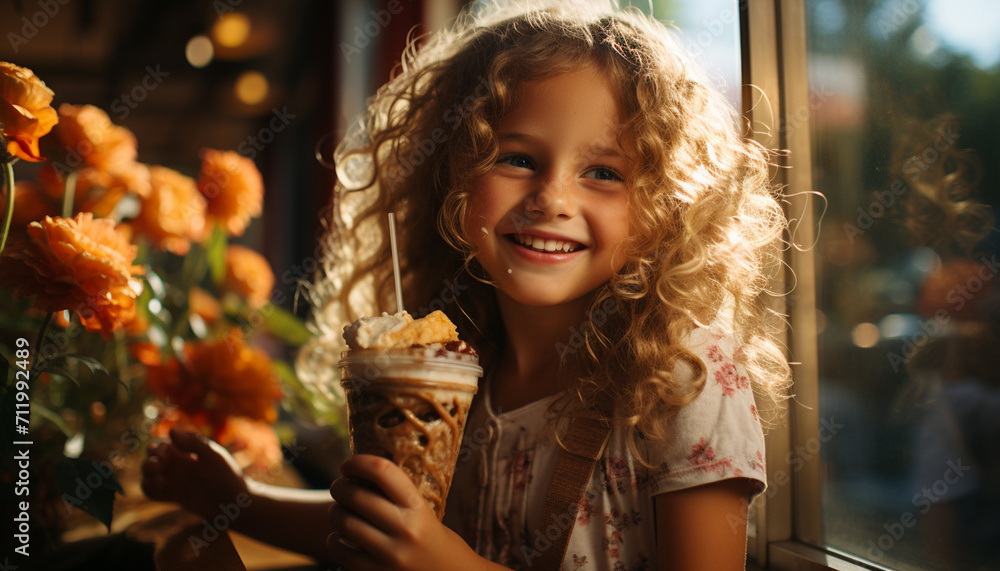 Fototapeta premium Smiling girl enjoying summer, eating food, surrounded by nature generated by AI
