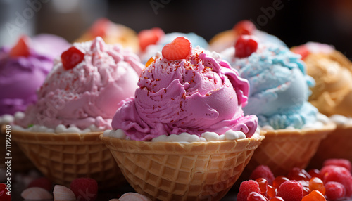 Fresh raspberry ice cream on wooden plate generated by AI