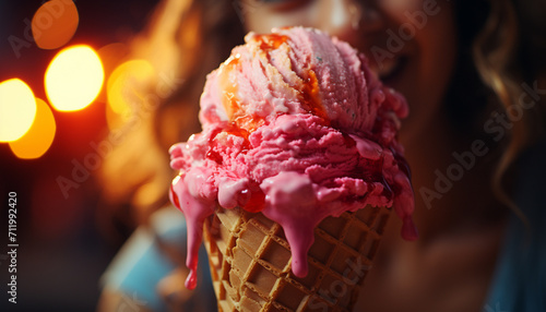 A woman enjoying a refreshing ice cream cone in summer generated by AI