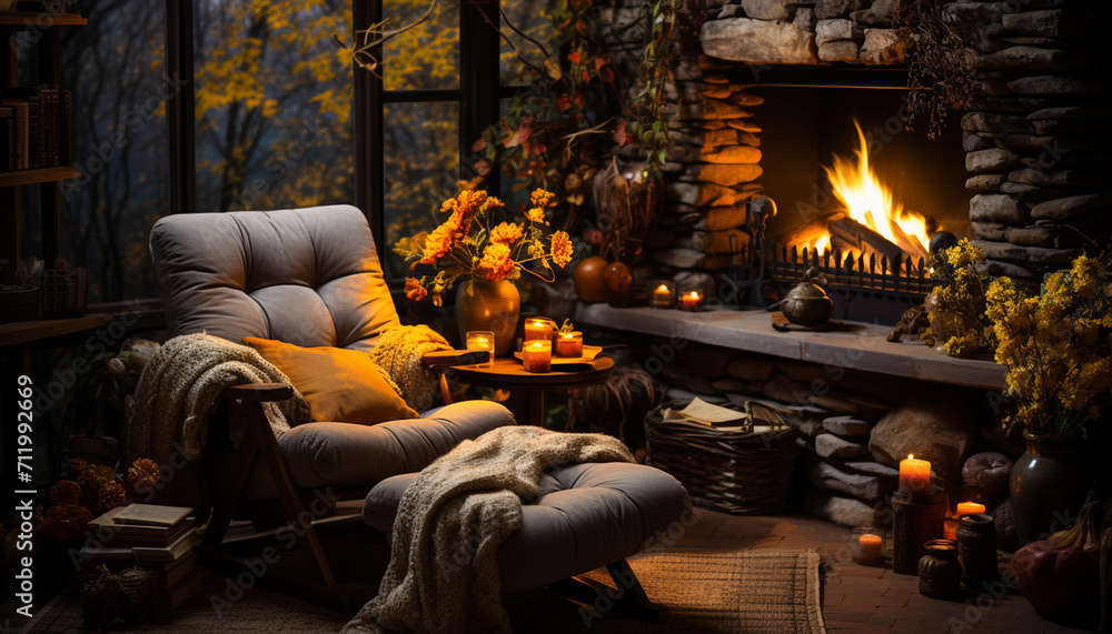 Naklejka premium Cozy autumn living room, illuminated by candlelight, with rustic decor generated by AI