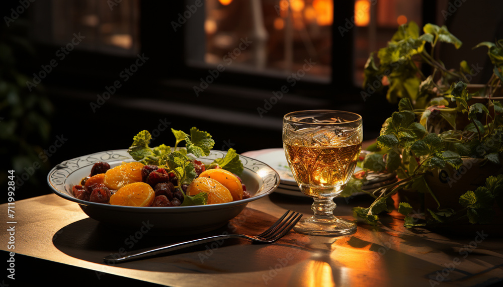 Fresh fruit salad on a wooden table, perfect for a healthy meal generated by AI Fresh fruit salad on a wooden table, perfect for a healthy meal generated by AI