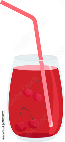 Glass of cherry juice with straw and two cherries inside. Refreshing fruit beverage. Summer drink concept vector illustration.
