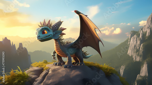 3d of cute dragon on the mountain, Illustration