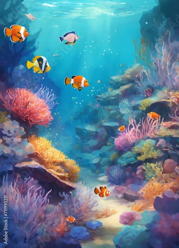 水中世界の概念の背景のイラスト。海の魚｜Illustration of underwater world concept background. sea fish.Generative AI © happy Wu 