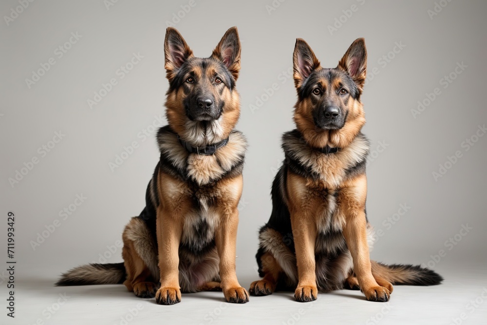 Dos perros pastor alemán, sentados, sobre fondo blanco