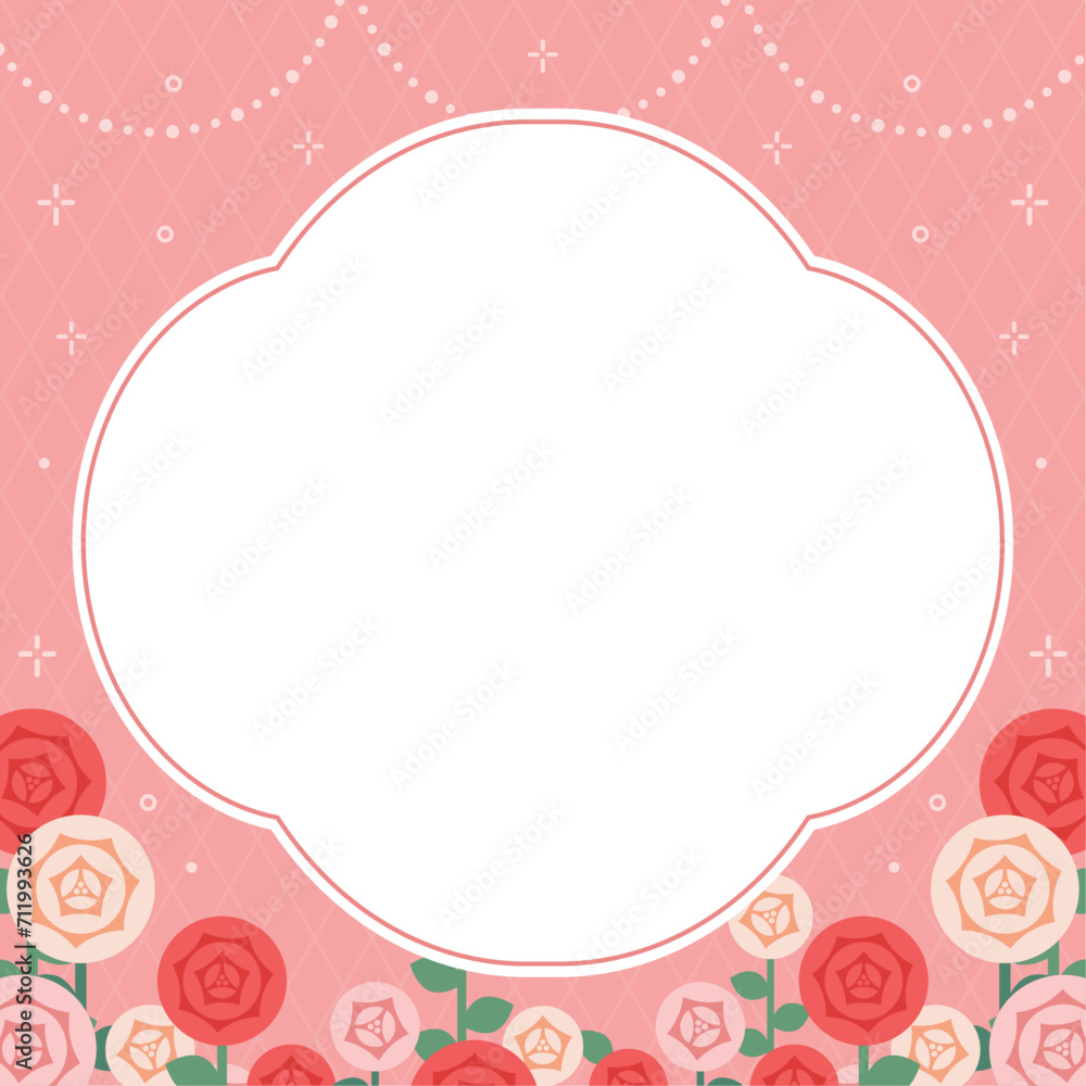 赤やピンクのバラの花のフレーム・背景素材（正方形）