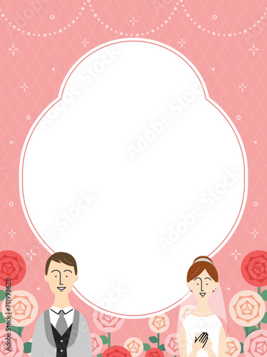 新郎新婦とバラのフレーム・背景素材（縦向き）