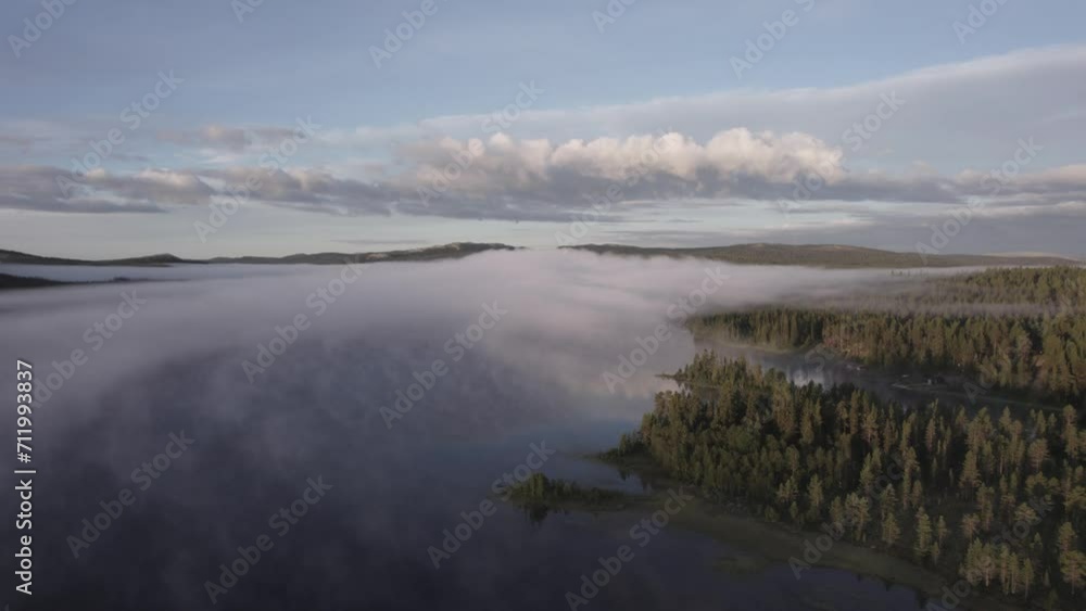Fog covered forest lake below morning blue sky Scandinavian landscape DRONE Fog covered forest lake below morning blue sky Scandinavian landscape DRONE