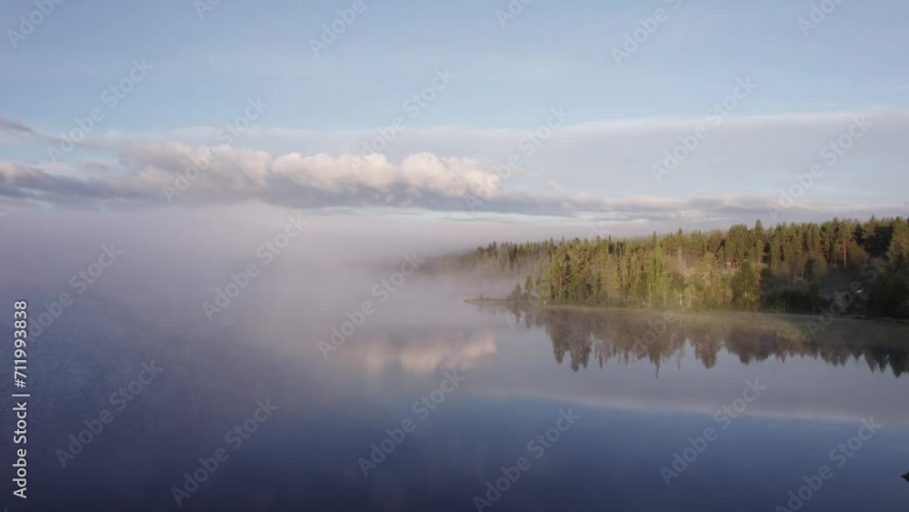 Morning fog over tranquil lake reflecting forest in peaceful nature DRONE PUSH Morning fog over tranquil lake reflecting forest in peaceful nature DRONE PUSH