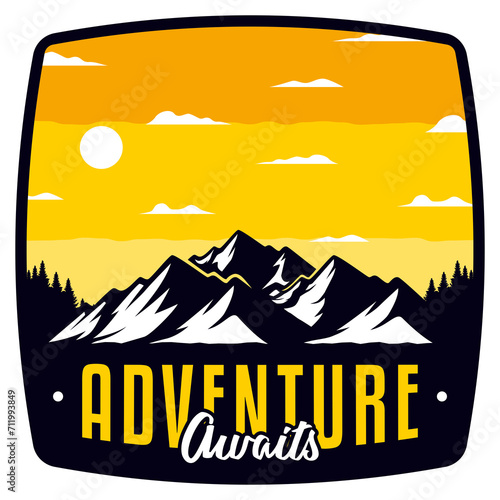 Illustration of Adventure awaits for outdoors badge or Tshirt design