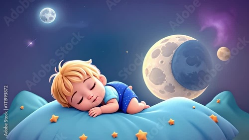 Wallpaper Mural Cute and Funny baby wearing headphones sleeping lullaby cartoon, fantasy universe galaxy moon and star background, with blue and green scene lights	 Torontodigital.ca