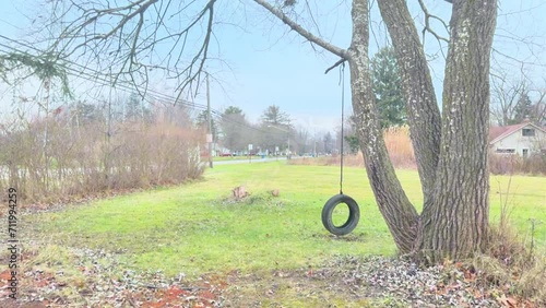 A tire swing with a small breeze as a car passes by. photo