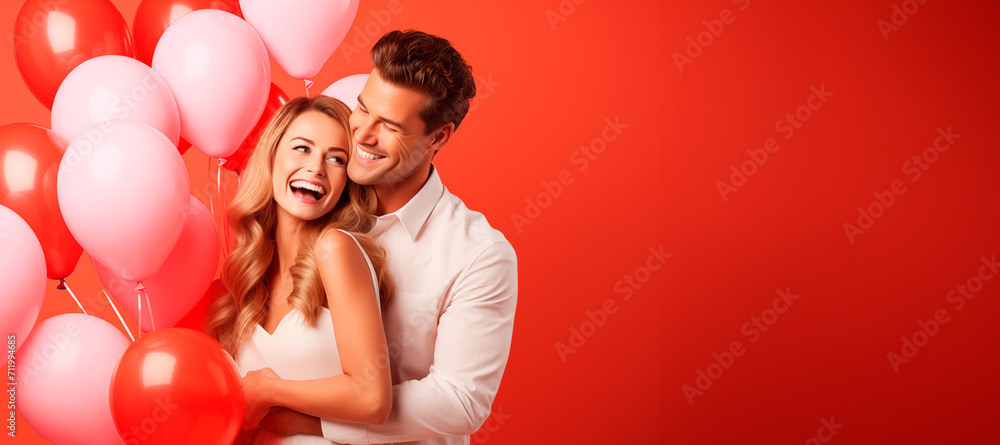 Thirty year old newly married couple hugging each other with pink and red balloons, studio photo, red background with copy space. Valentine's day concept. Valentine's day concept. Generative AI Thirty year old newly married couple hugging each other with pink and red balloons, studio photo, red background with copy space. Valentine's day concept. Valentine's day concept. Generative AI