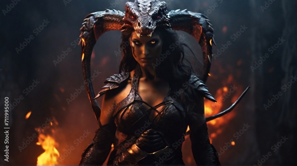 woman with devil horns, in darkness and flames in the background. woman with devil horns, in darkness and flames in the background.