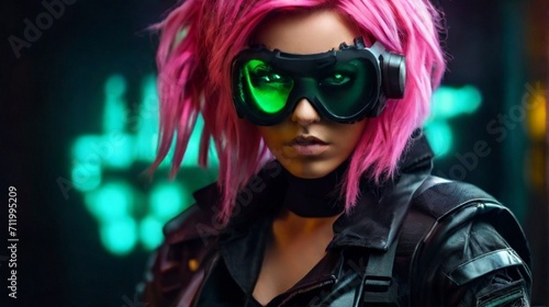 Female cyberpunk warrior with shiny pink hair, vengeful facial expression, battle background, ready-to-fight outfit