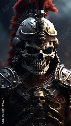 skull of a Roman soldier, wearing typical ancient Roman battle clothes with a scary face