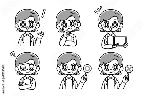 年配女性の医者セット　白黒