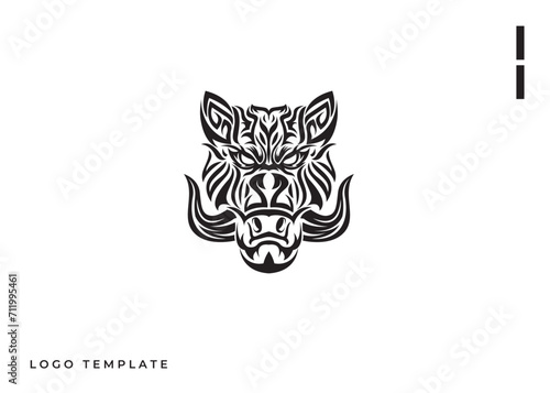 Vector illustration of wild boar head isolated on white background. Design element for tattoo, emblem, sign, poster. photo