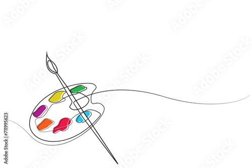 continuous line of paint palette.single line of painting supplies tools .paint palette and brush line art vector